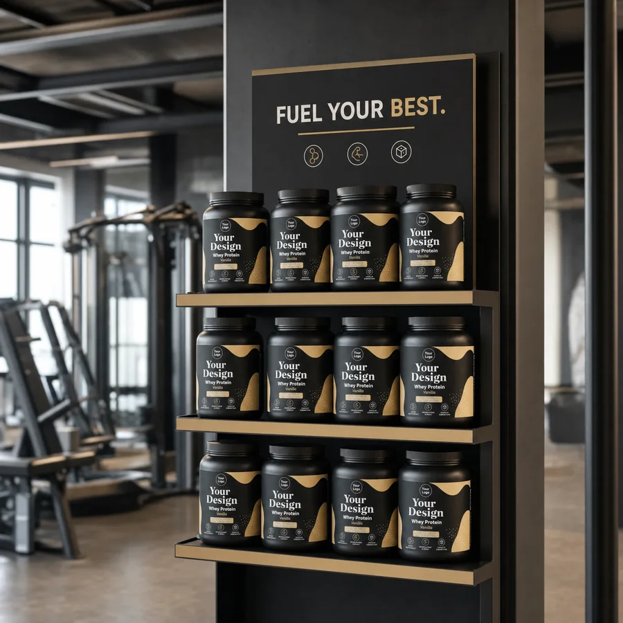 Mit deinem Branding versehene Whey-Protein-Präsentation im Fitnessstudio