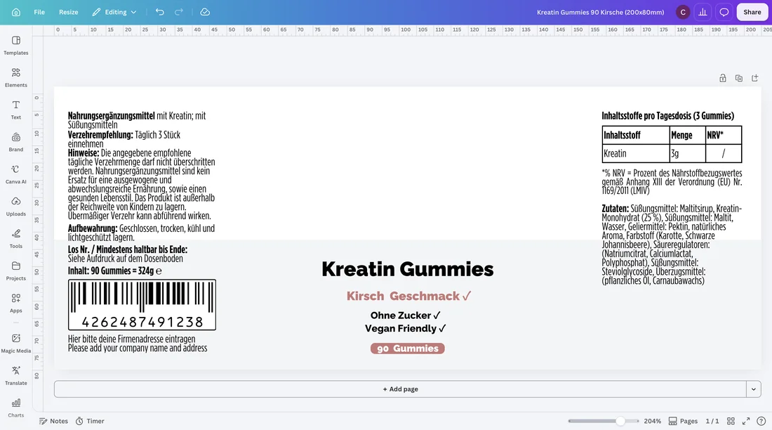 In Canva bearbeitete Etikettenvorlage